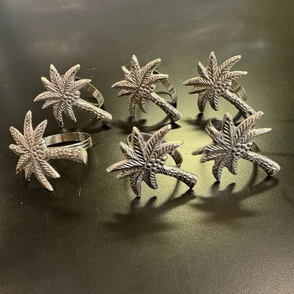 Silver Palm Tree Napkin Holders w Rings Pewter Set of 6 Beach‎ Hawaiian Themed